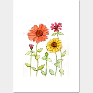 Bright Red, Orange and Yellow Zinnias Posters and Art